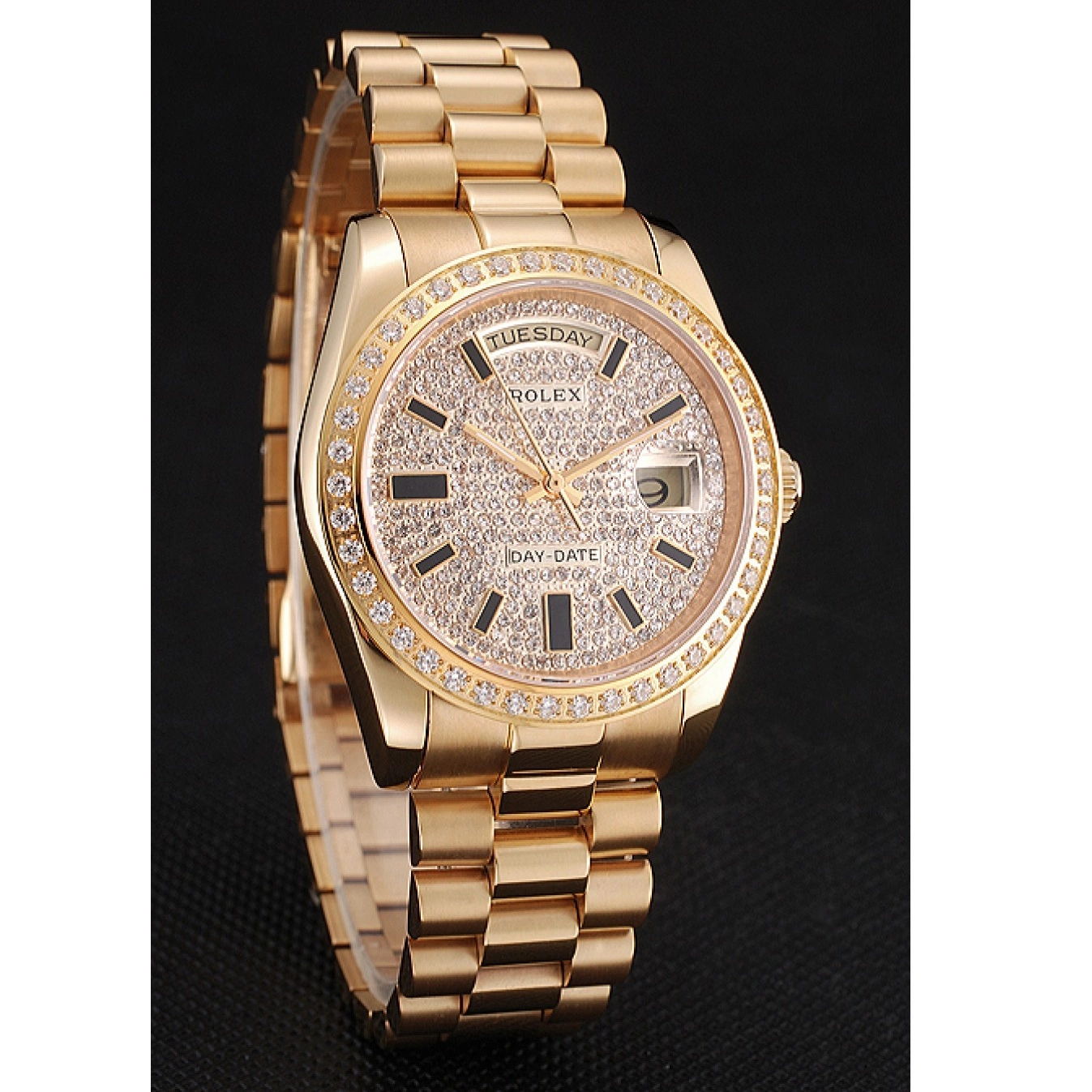 MiroTime 0811 Swiss Rolex Day Date Diamond Pave Dial And Bezel Gold Case And Bracelet